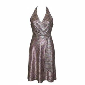 Newport News Women’s printed metallic crinkle V-neck halter Party dress Sz. 8